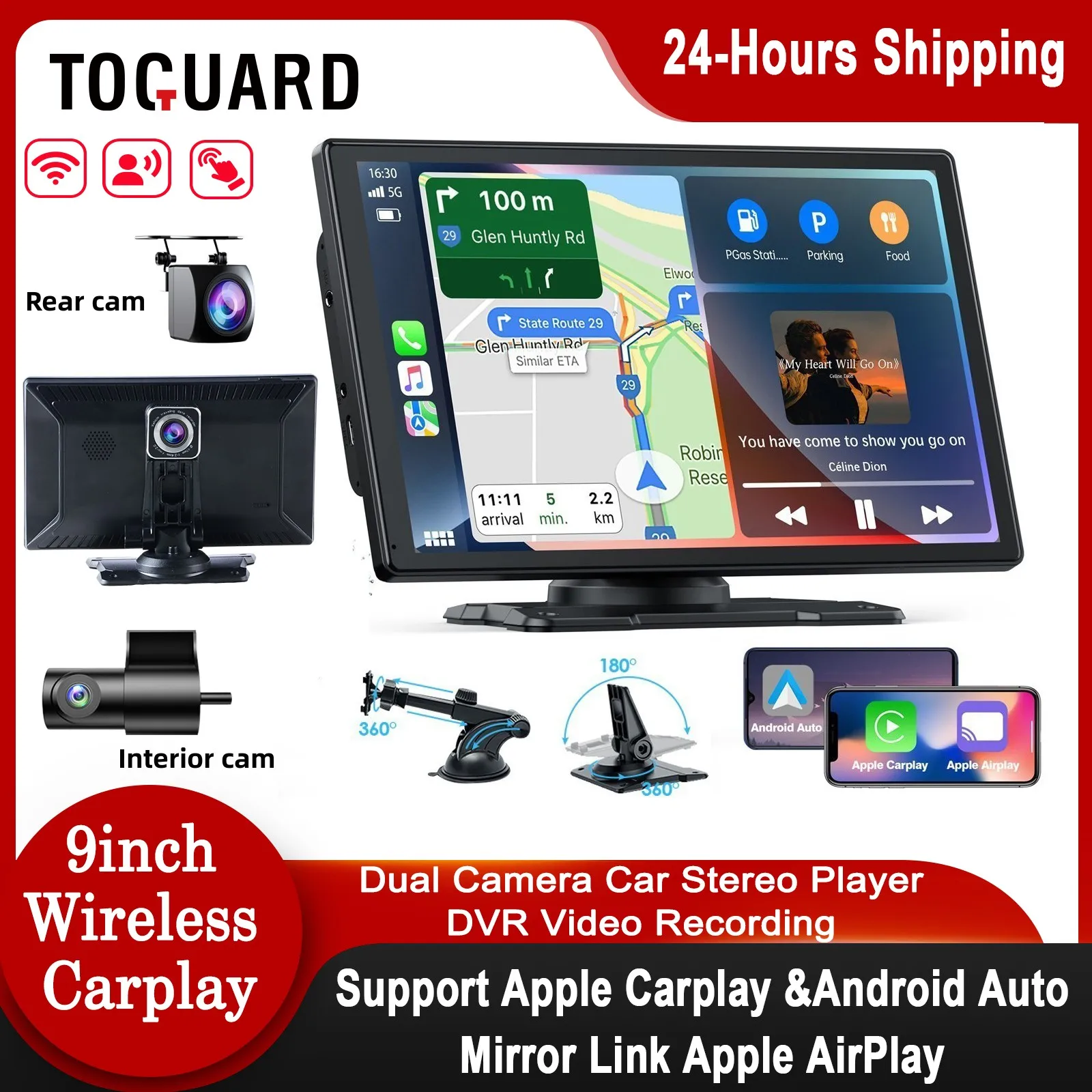 

TOGUARD 9" Wireless Apple Carplay Android Auto Car play Screen CarPlay Display,2.5K Dashcam DVR GPS Wifi BT with Reverse Camera