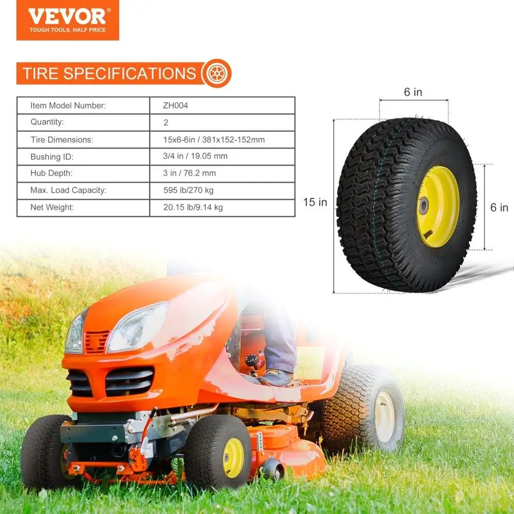 Lawn Mower Tires with Rim, 1 for X6 -6" Tubeless Tractor Tires, 2-Pack Tire and Wheel Assembly, S-Turf Pneumatic Tires, 3"