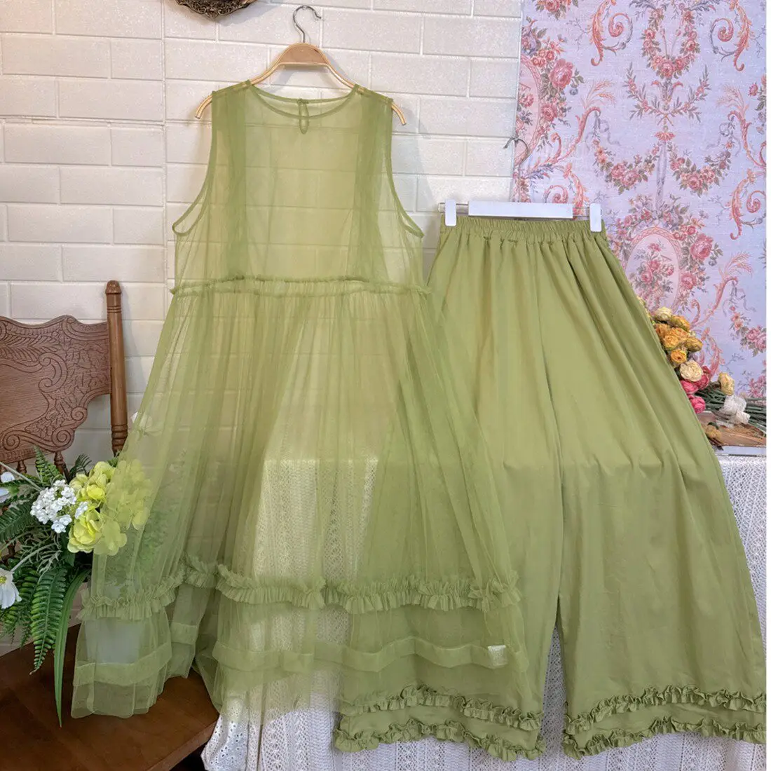 2026 New Spring Summer Women Fairy Round Neck Loose A Line And Versatile Sleeveless Age-defying Net Fabric Ruffled Dress