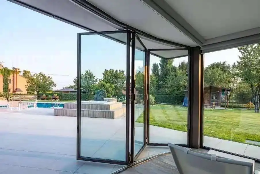 Customized Size Automatic Frameless Folding Glass Doors System Vertical Bi-Fold Style For Kitchen Interior Steel Fiberglass