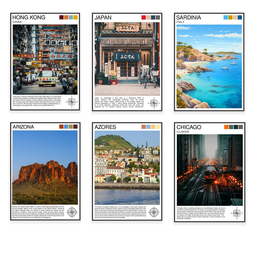 

Sardinia,, Chicago, San Francisco,ChinaHong Kong, Porto, Baltimore, Galway, Azores, Horseshoe Bay, Netherlands travel posters