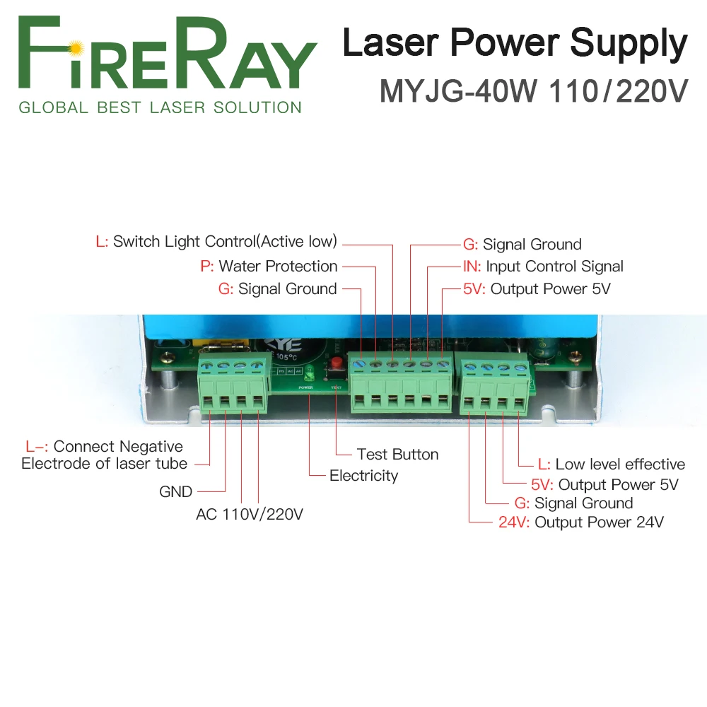 FireRay MYJG-40 CO2 Laser Power Supply 40W 110V/220V For CO2 Laser Tube High Voltage Engraving Cutting Machine