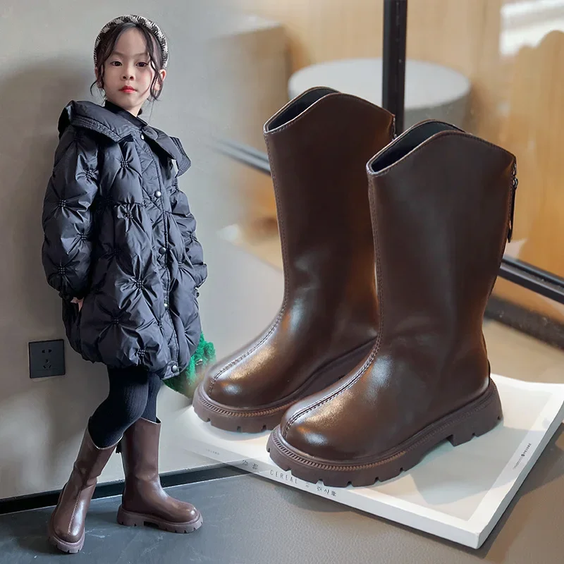 Kids High Boots Fashion Casual for Girls Long Boots Princess Style 2025 Autumn Winter Children Leather Boots with Back Zipper