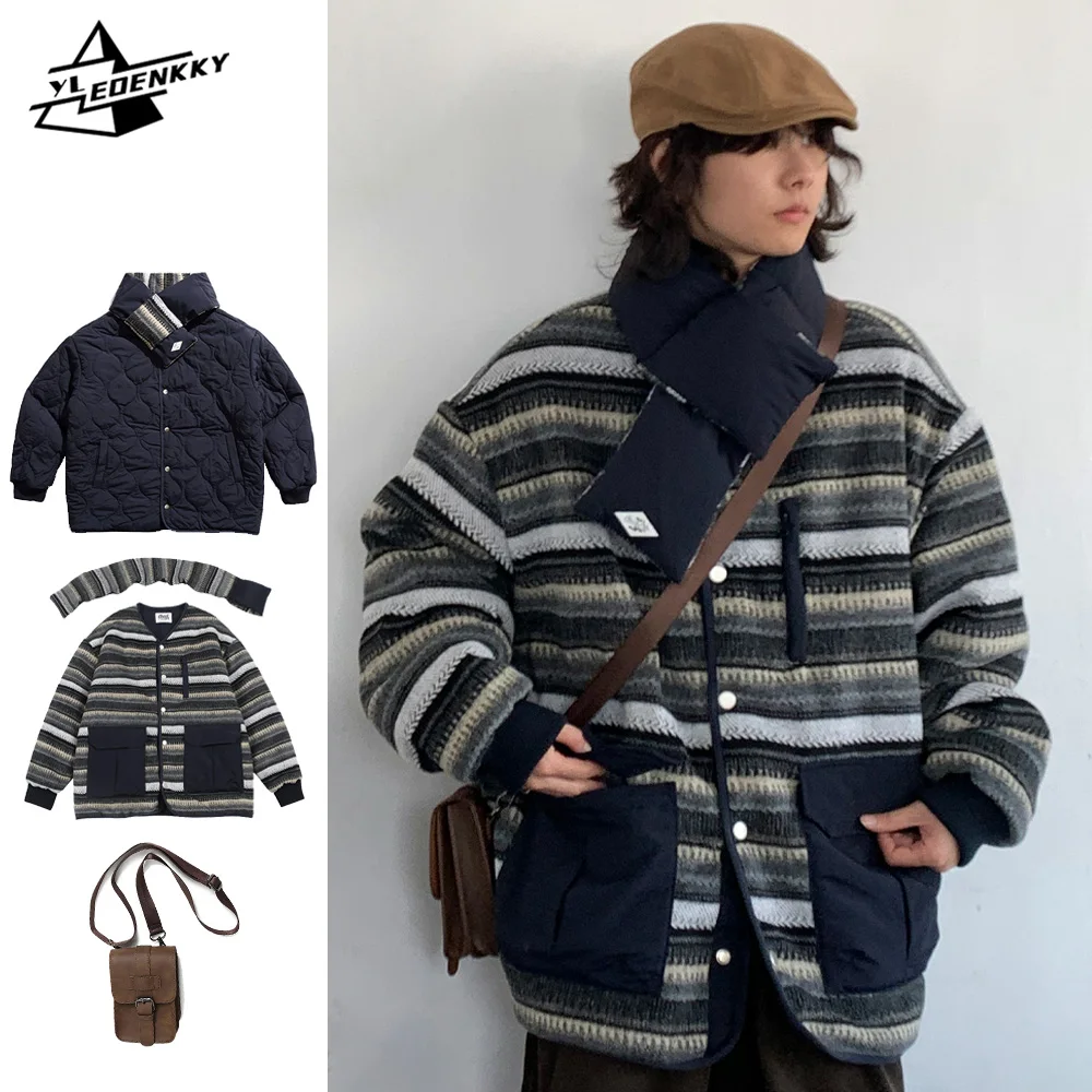 Winter Vintage Parkas Men Women Reversible Thickened Warm Cotton Coats Patchwork Striped Ethnic Style Jackets with Scarf Outwear