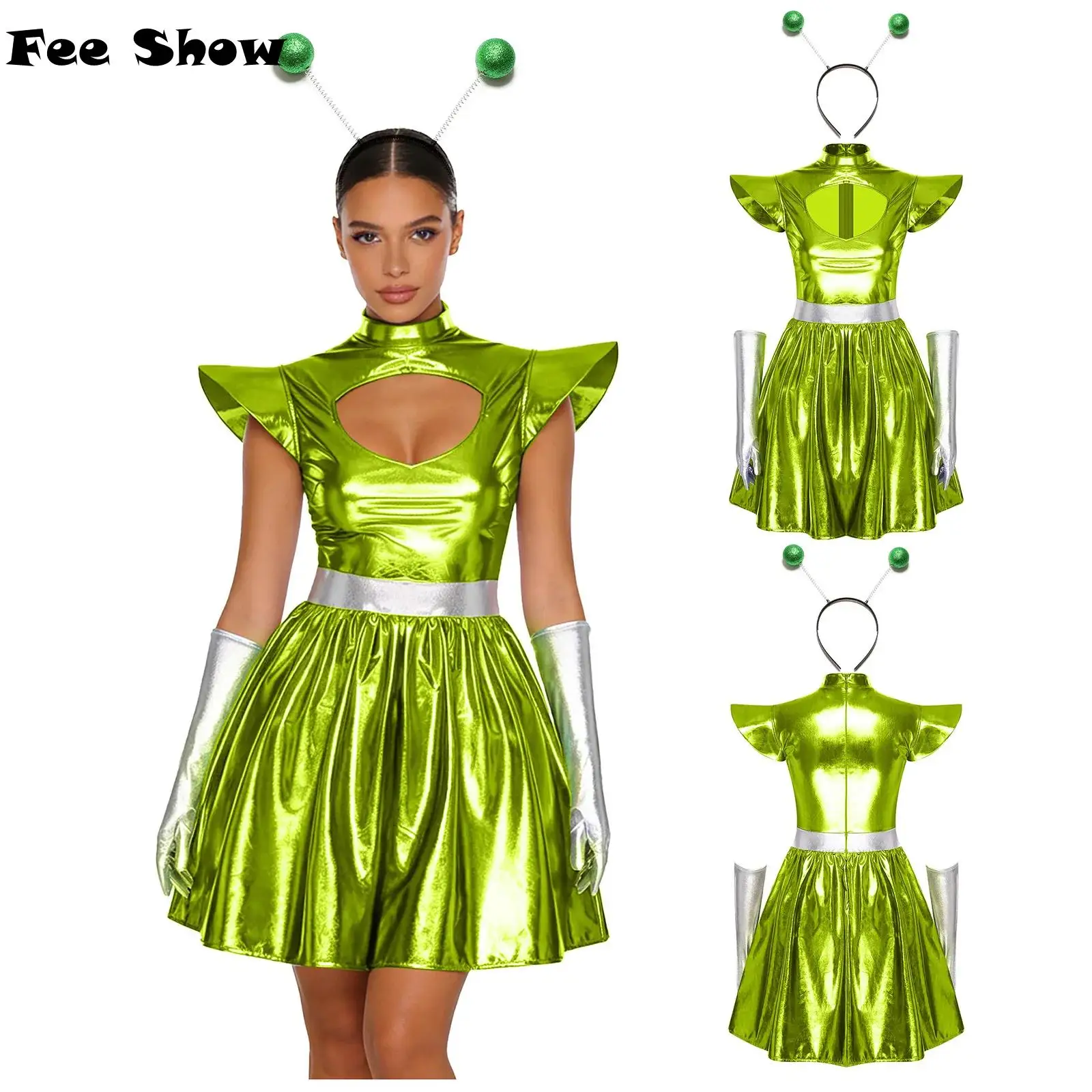 

Womens Alien Astronaut Cosplay Dress with Gloves and Hair Loop Set Metallic Shiny Dress for Halloween Spaced Themed Party