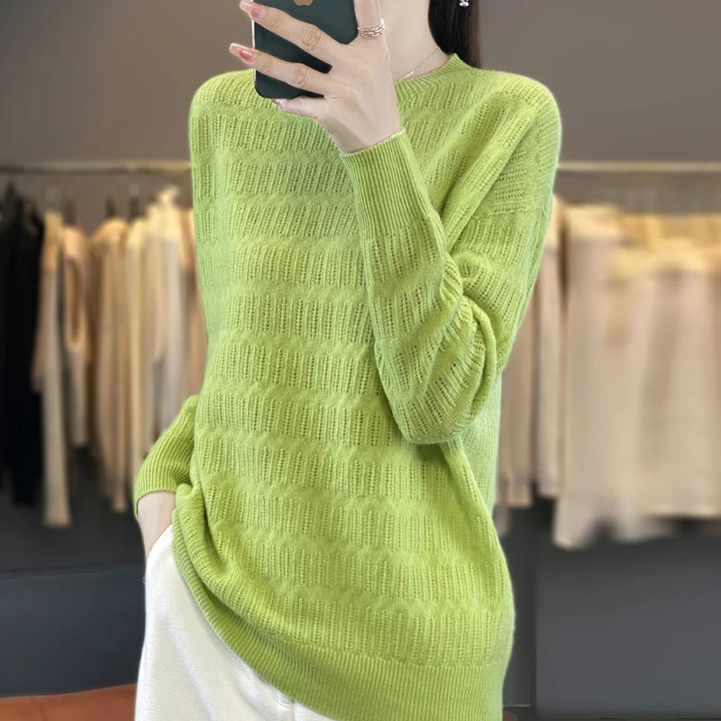 Autumn and Winter Women‘s Sweater O-Neck Long Sleeve Casual Thick&Loose Hollow out Knitwear Pullover Tops Female clothing