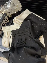 2026 pantalones de pierna ancha de lujo de alta calidad con diamantes de imitación, nuevos pantalones rectos de cintura alta con cordón, pantalones casuales para mujer
