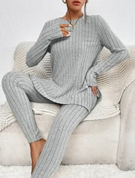 Women Pant Sets Two Piece Long Sleeve O Neck Matching Sets Pants Pullovers Casual Elastic Waist Pencil Pants Striped Tracksuit