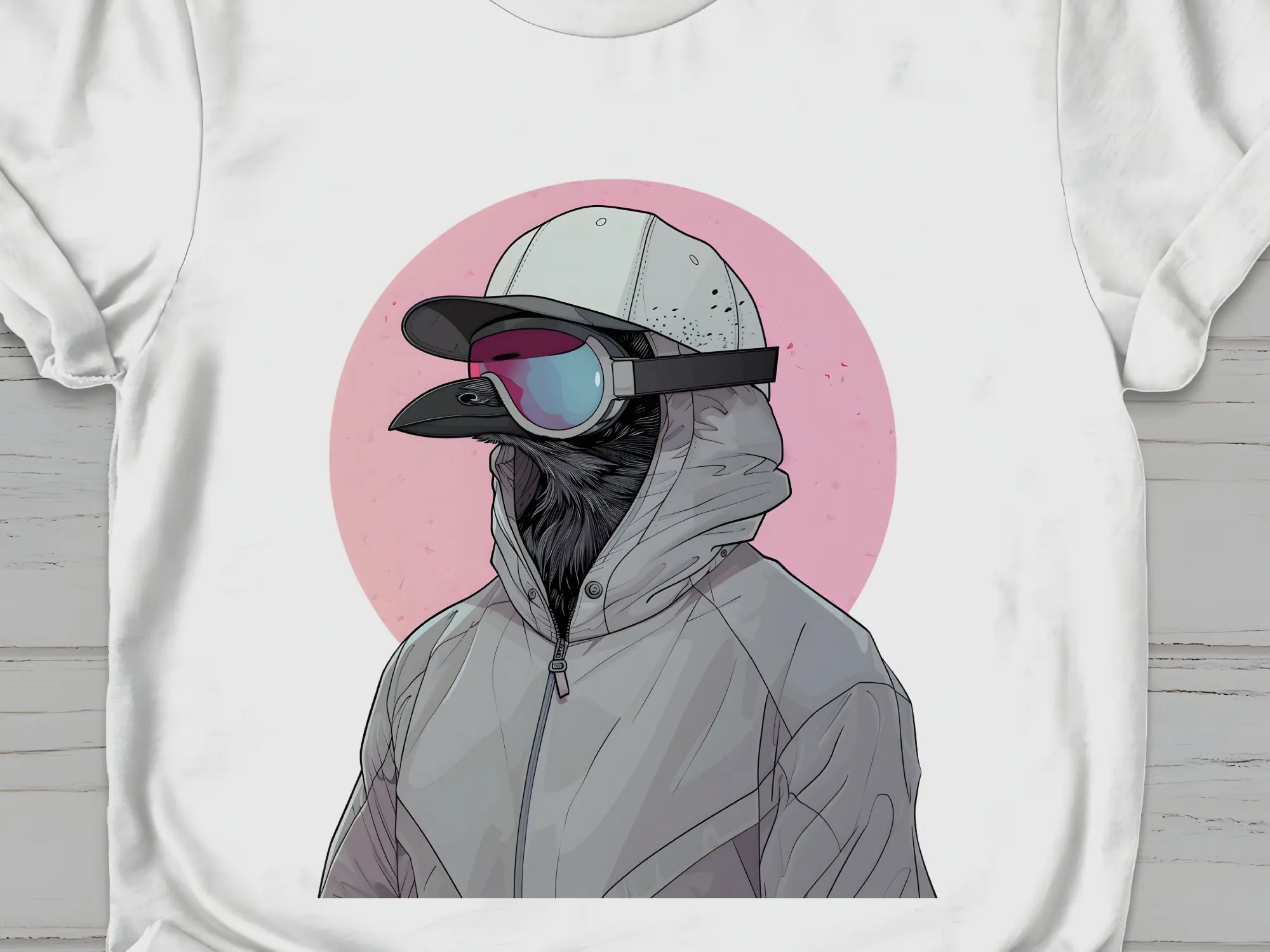 Funky Pidgin in Ski Goggles T Shirt Urban Bird Design Unique Casual Wear Top for Skiers