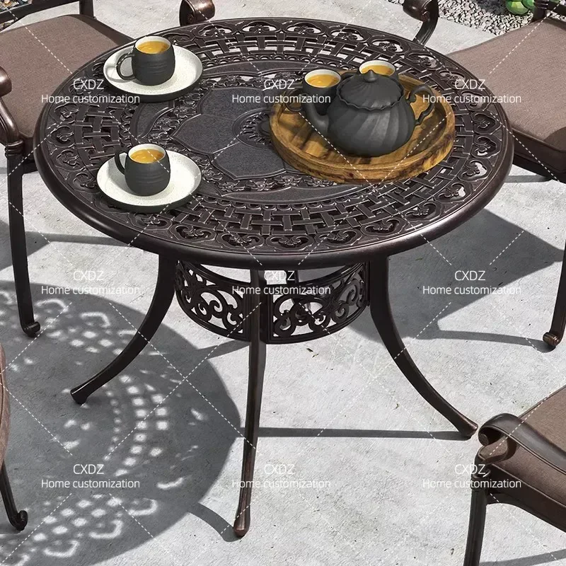 Cast Aluminum Round Outdoor Table Wrought Iron Patio Dining Set Garden Courtyard Tea Drinking Single Table Household BBQ