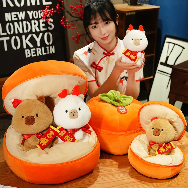 Kawaii Capybara Set Plush Toy The Combination Of Fruit And Animal Persimmon Transforms Into White Brown Capybara Is Surprise Toy