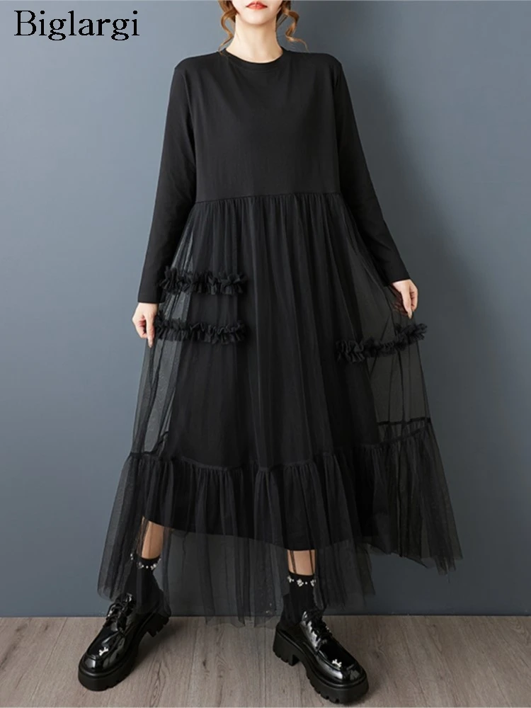 Oversized lente herfst jurk dames mesh patchwork geplooide mode dames lange jurken casual losse vrouw lange mouw jurk