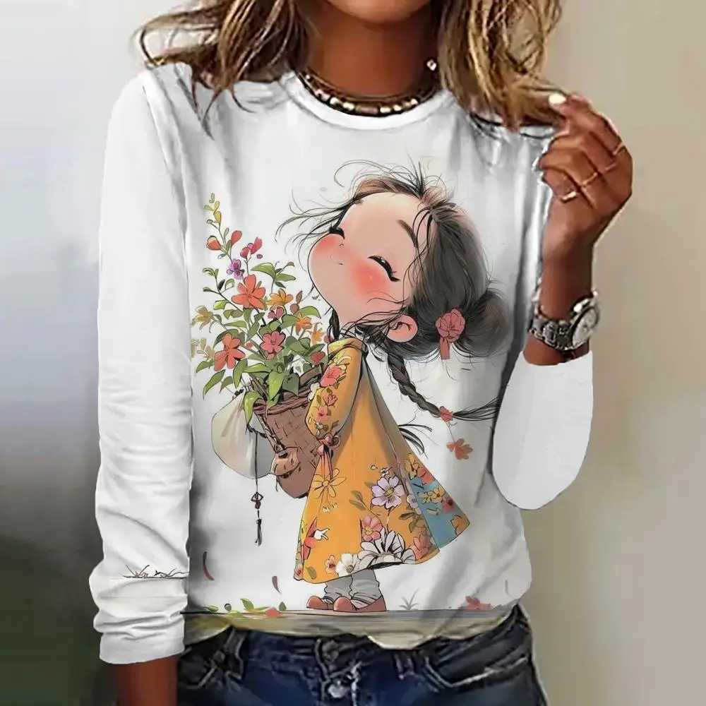 Women\'s T-Shirt Top Long Sleeved Pullover Fashion Little Girl Print Street Round-Neck Tee Shirt Female Everyday Loose Clothing