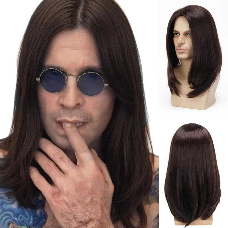 

Mens Wig Long Straight Wig for Men Middle Part Synthetic Heat Resistant Hair Wigs for Daily Party Costume Halloween (Dark Brown)