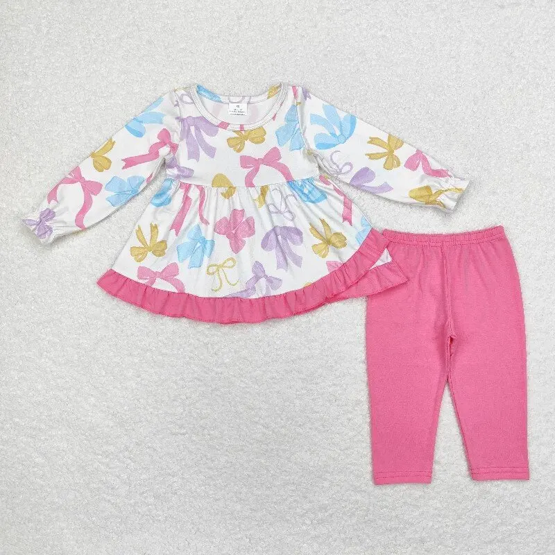 

8.27y Winter Girls Clothing Boutique Bow Pattern Pink Lace Long Sleeve Trousers Suit Wholesale Hot Sale