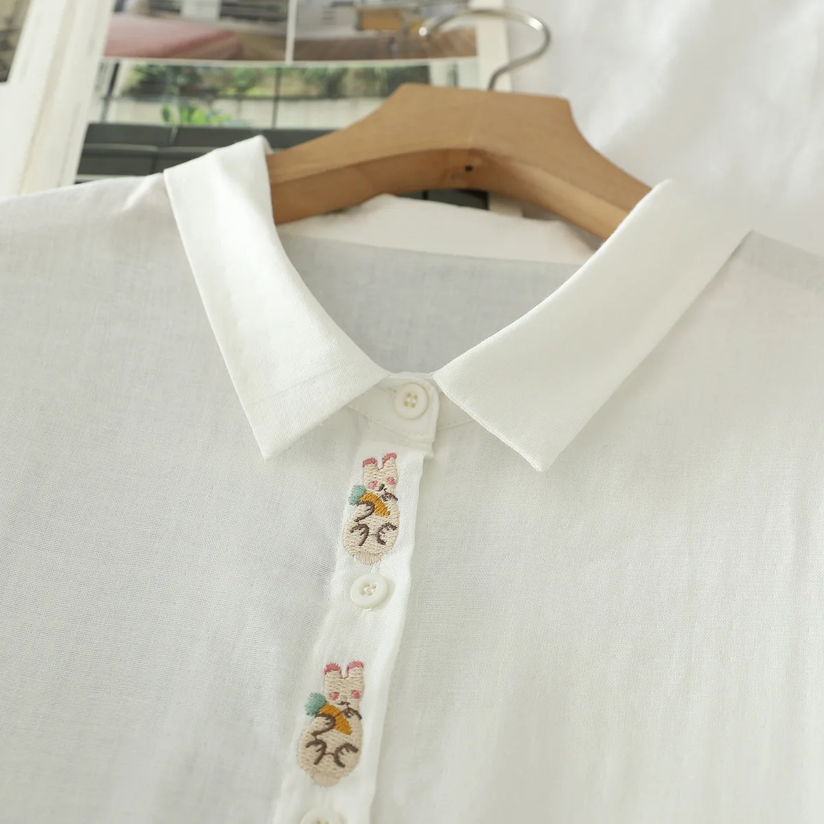 New Summer Cotton Yarn Casual Shirt Women Lapel 3/4 Sleeve Embroidery Tops Girl Loose Sweet Fashion Blouses 2024 Autumn T45830QC