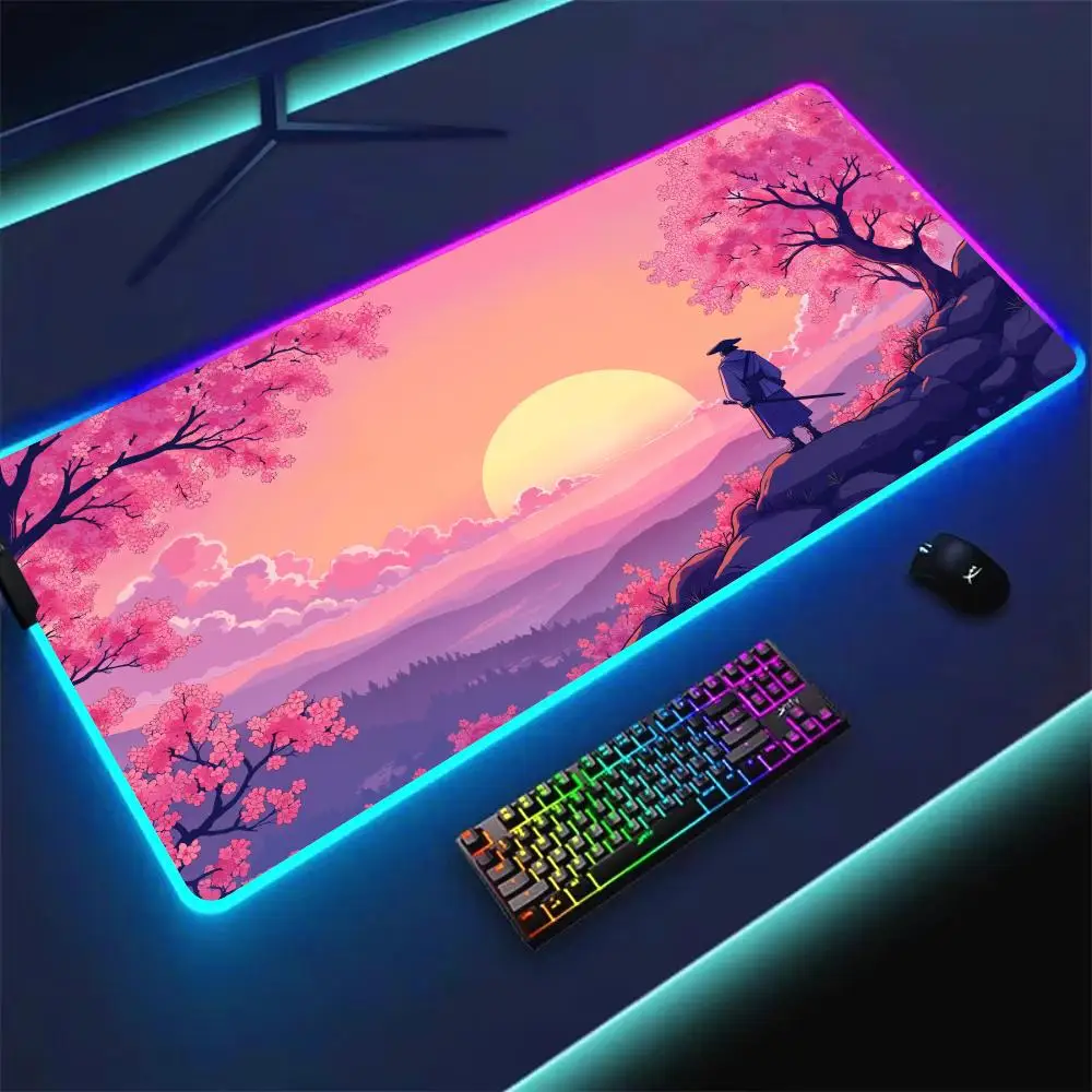 

Коврик для мыши RGB с цветком вишни и самурая, игровой коврик, резиновый противоскользящий настольный коврик со светодиодной подсветкой, игровая клавиатура, коврик для мыши, аксессуары для ПК
