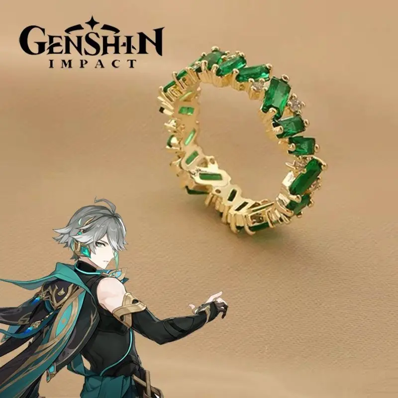 Anime Game Genshin Impact Alhaitham Cosplay Ring Al Haitham Unisex Luxury Adjusatble Green Gem Rings Party Jewelry Accessories