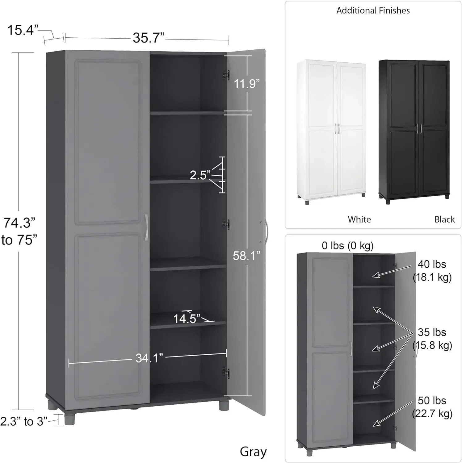 Shinall-Armoire de Rangement Utilitaire, Blanc, 36 Pouces