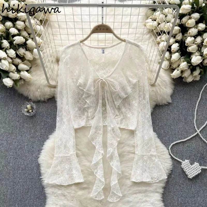 Korean Camisas De Mujer Ruffles Flare Sleeve Shirts for Women Lace Print Summer Blouses Crop Tops Tunic See Through Sexy Blouse