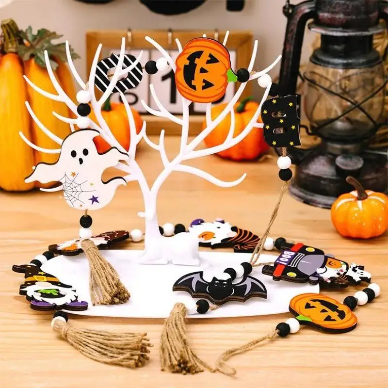 1 Pcs Halloween Wooden Bead Pumpkin Wall Hanging Pendants DIY Decor Props Holiday Party Home Festival Ornament Supplies