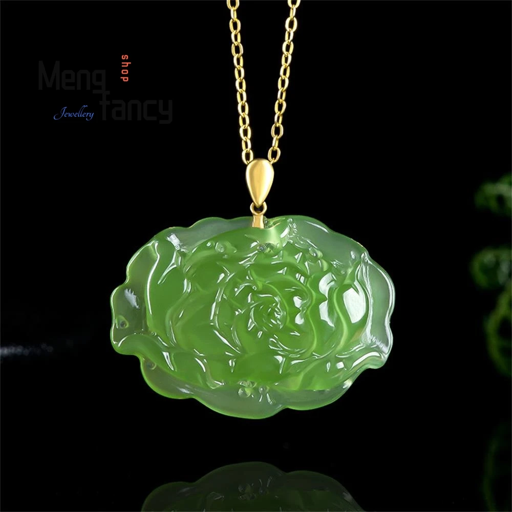 

Exquisite Genuine Natural Hetian Jade Jasper Peony Flower Jade Pendant 18K Gold Inlaid Fashion High-grade Jewelry Holiday Gifts