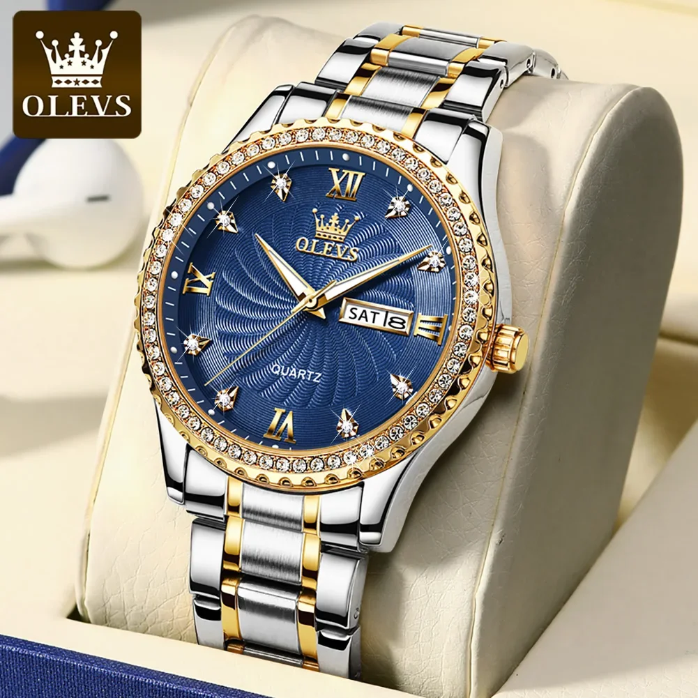 OLEVS Quartz Stainless Steel Strap Men Wristwatches Waterproof Business Golden Diamond-encrusted Luxury Watch for Men Luminous