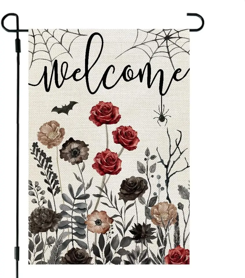 Welcome Halloween Rose Spider Web Garden Flag 12x18 inch Double Sided Burlap Home Outdoor Yard Flag Decoration -A