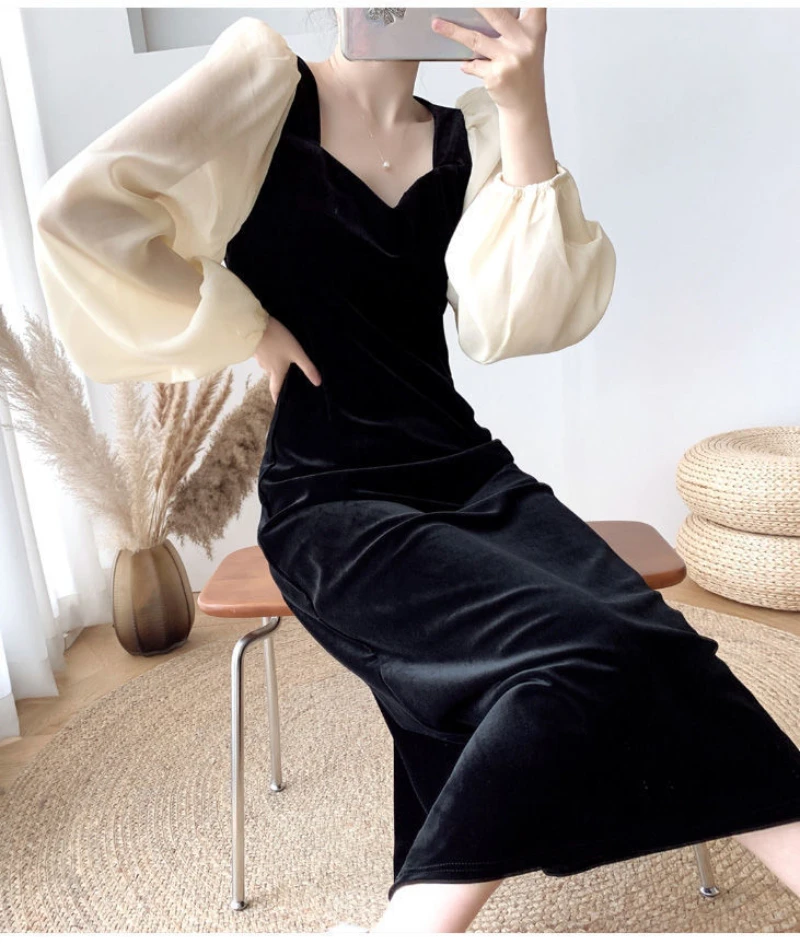 Retro Velvet Dress Autumn Women's Dress Elegant Slimming Black Velvet Long Skirt High Waist A-Line Skirt for Female