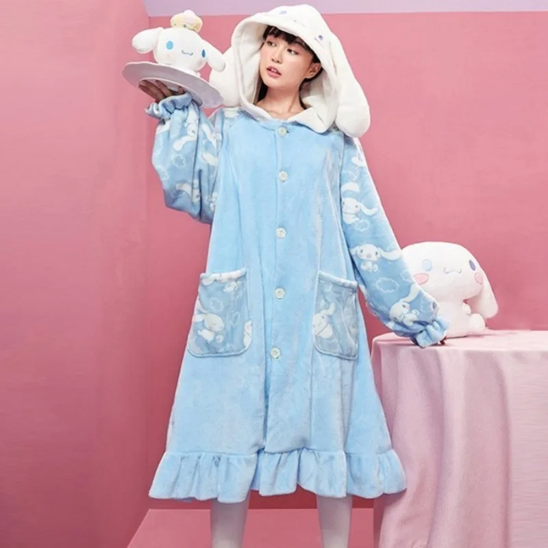 Sanrio Cinnamoroll New 2 Pcs Hooded Pajamas Set Women\'s Cotton Plush Autumn Winter Cartoon Pajamas Student Flannel Home Clothes