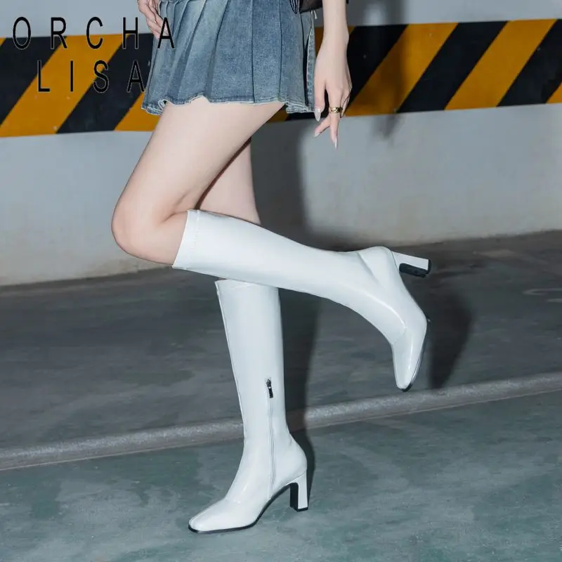 

ORCHALISA Hot Sexy Female Knee High Boot Square Toe 7.5cm Block Heel Oversize 45 46 47 48 Sexy Dating Party Long Tube Botas Fall