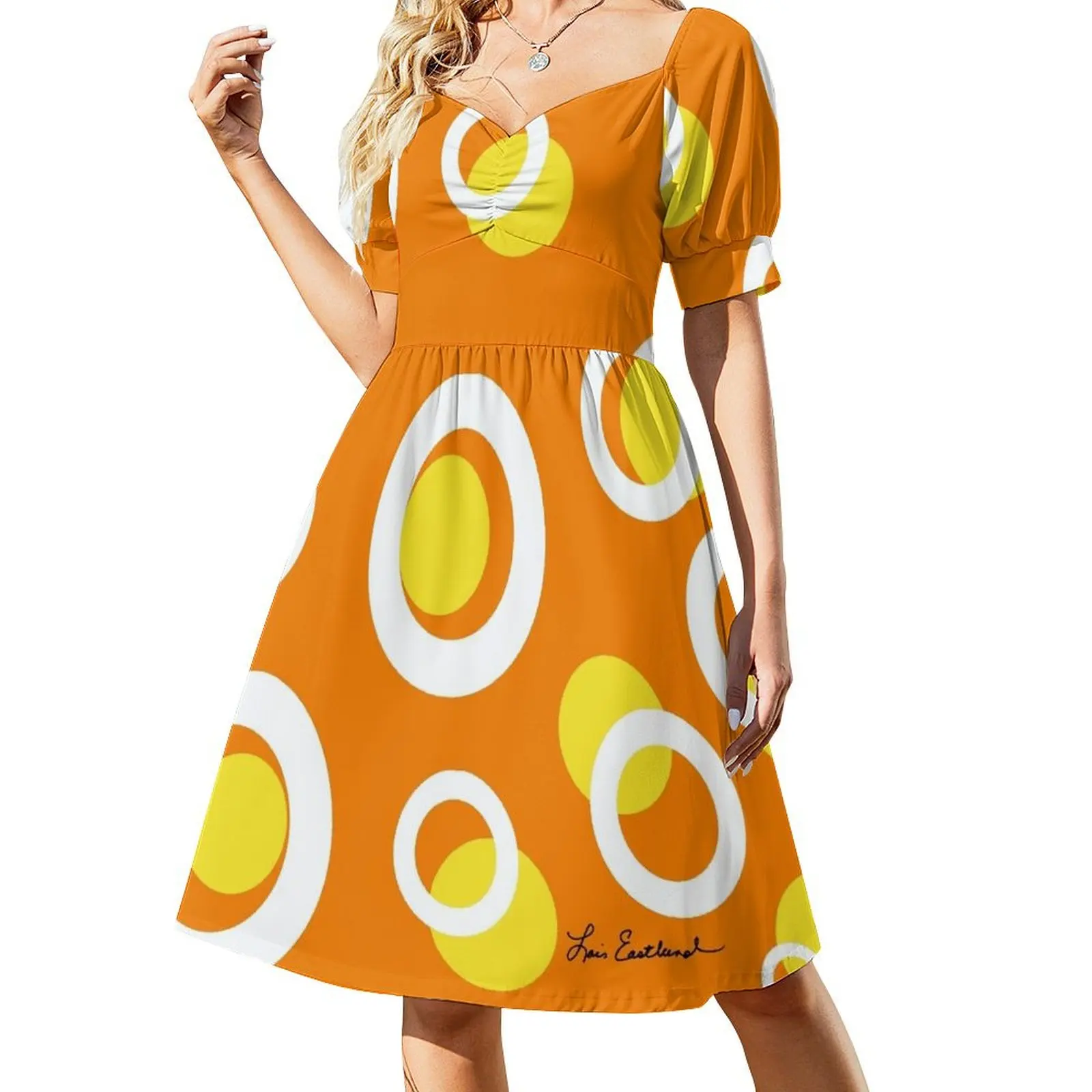 

Orange White Yellow Mod Circles Short Sleeved Dress long dress women Women's evening dress summer Dresses gala