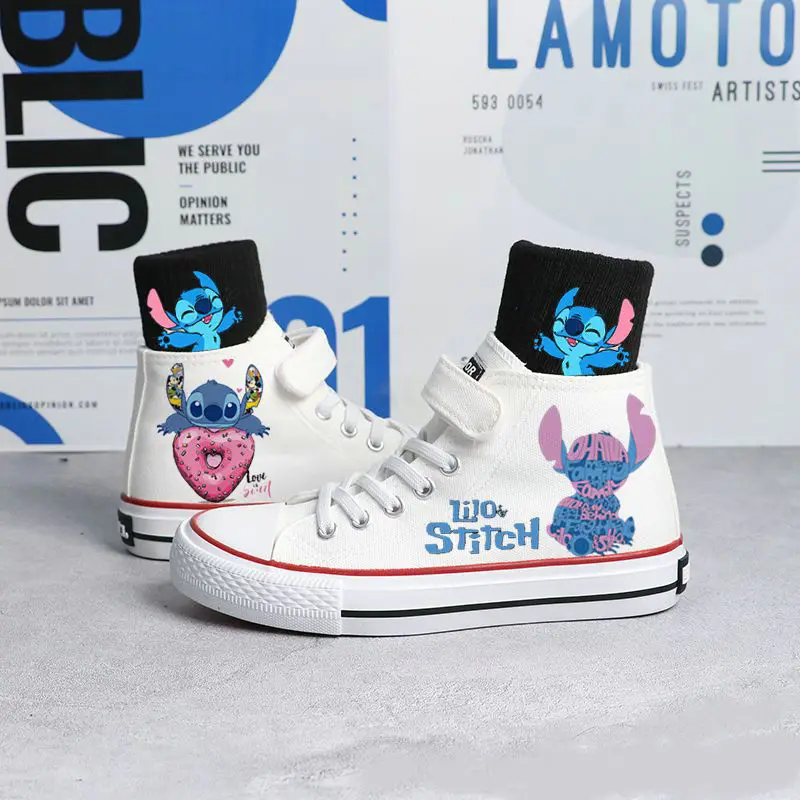 New Disney White Children Sneakers High Top Lilo & Stitch Kids Canvas Shoes Cartoon Girls Boys Casual Tennis Sending Socks