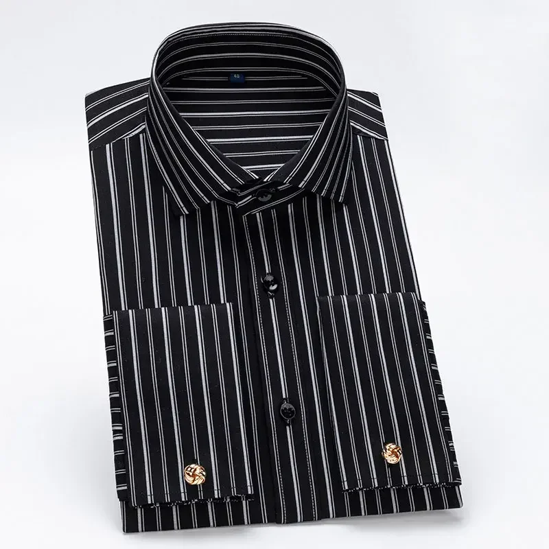 Luxury 2024 New Men‘s Long Sleeve Striped French Cuff Dress Shirts Modal Formal Social Fashion Wedding Business Tuxedo Shirt