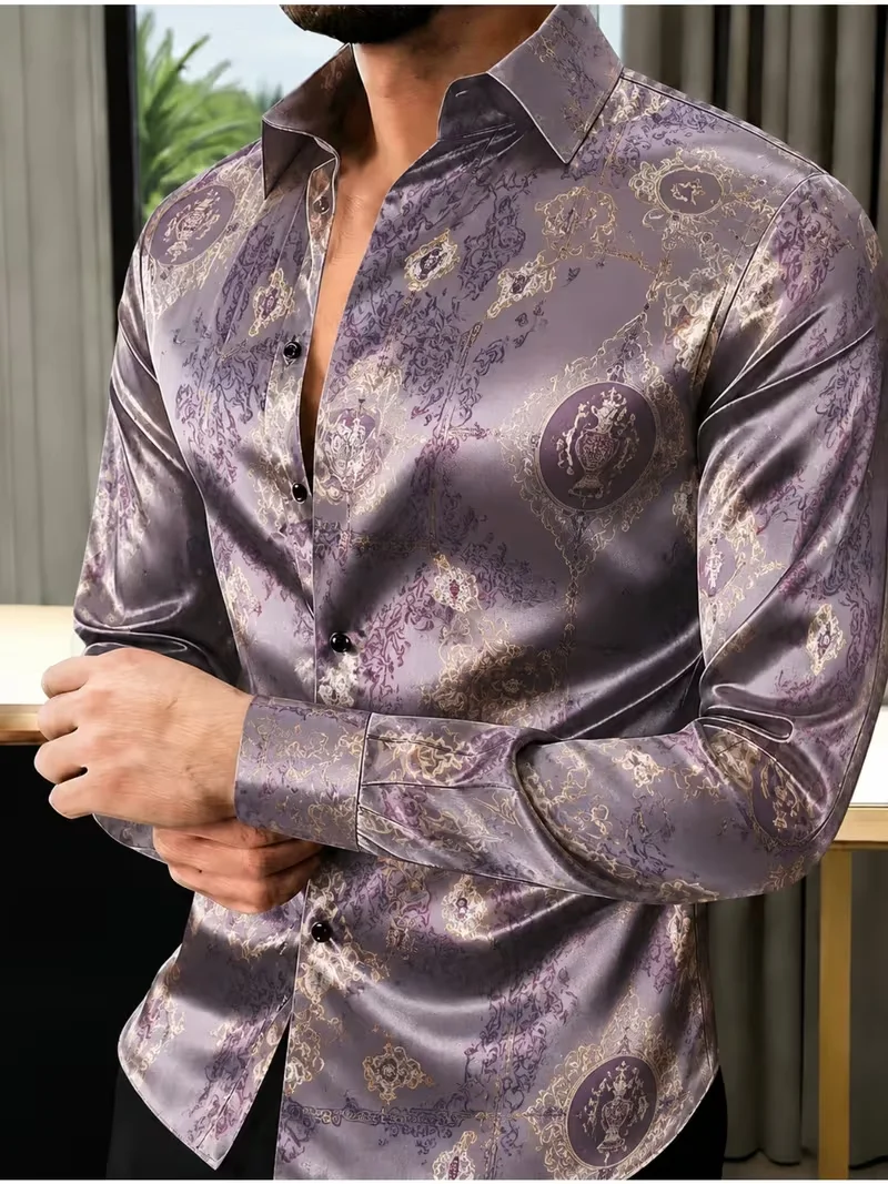 New men's gilded gold bottle Baroque vine flower print long sleeved shirt with hanging collar top clothing