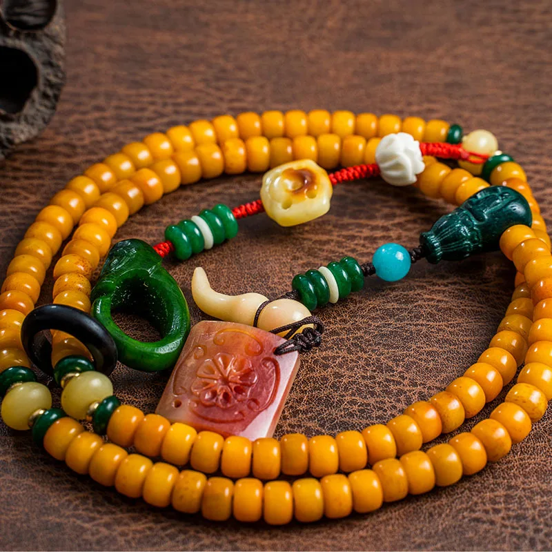 

Distressed Yellow Material 108 Ox Bone Buddha round Beads Flexible Ring Gourd Tee Accessories