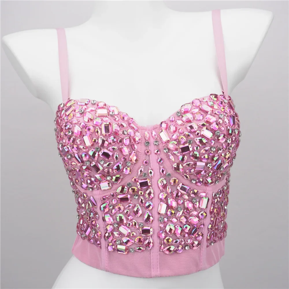 Mermaid Laser Style Pink Acrylic Diamond Bling Bling Corset Bras Push Up Crop Top Punk Bustier Goth Ballroom Costume Stage Party