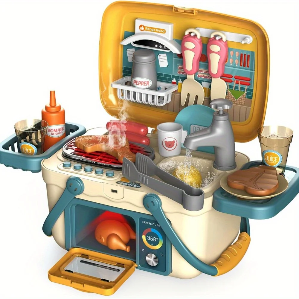 Kids Play Kitchen Toys,Barbecue Play Set with Sounds Lights and Running Water,Simulation Kitchen Toys BBQ Role Play Kit for Kids