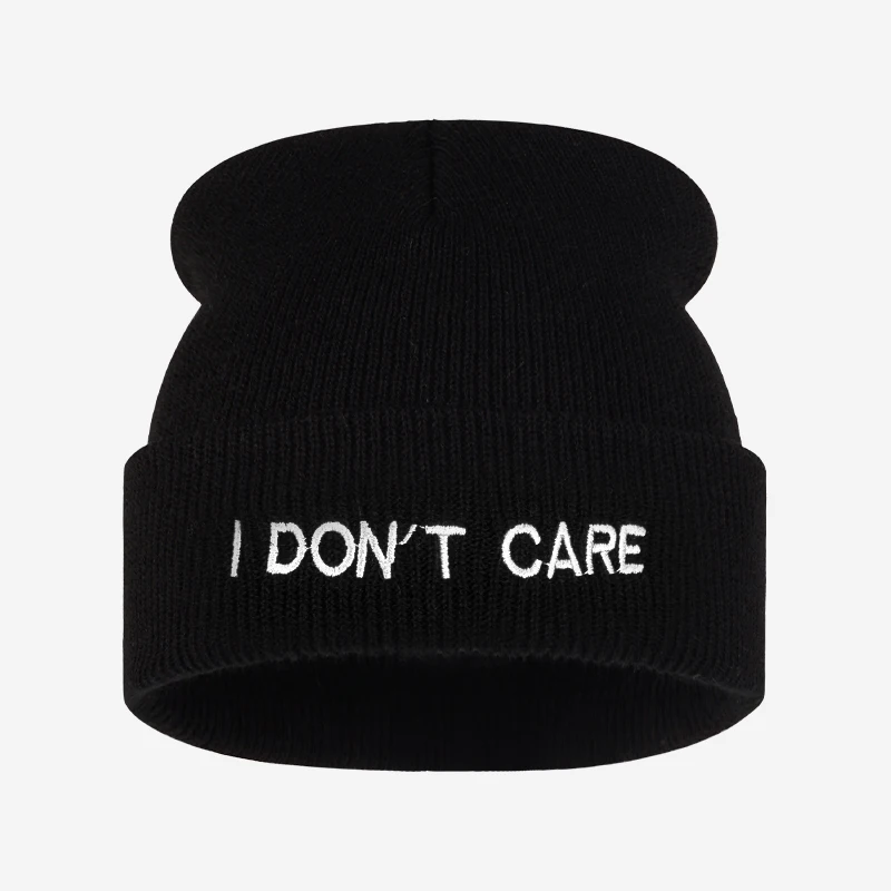 I DON'T CARE Text Knit Cuffed Beanie, Stylish Elastic Adult Hat, Ideal for Streetwear Event Holiday Celebration Casual Outing
