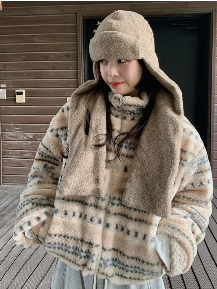 

Korean Faion Sweet Girl Autumn Winter Double Zipper Color Blo Fce Warm Women's Lazy Sle Cotton Jaet Coat