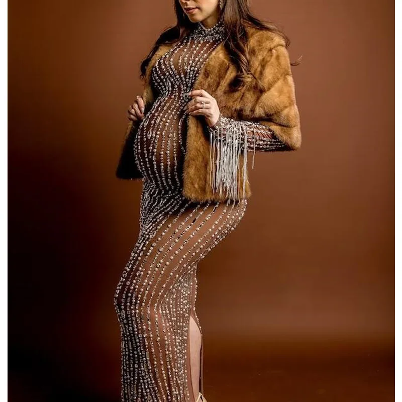 

Embellished Maternity Dress with Faux Fur Wrap - Crystal Mesh Stretch Photoshoot Gown for Pregnancy & Photography Sessions bebe