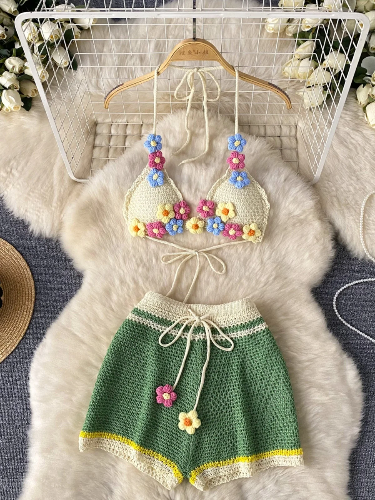 Contrast Color Beach Vacation Knitted Set 2024 New Summer Women's Colorful 3D Flower Strap Top+High Waist Wide Leg Shorts 2ps