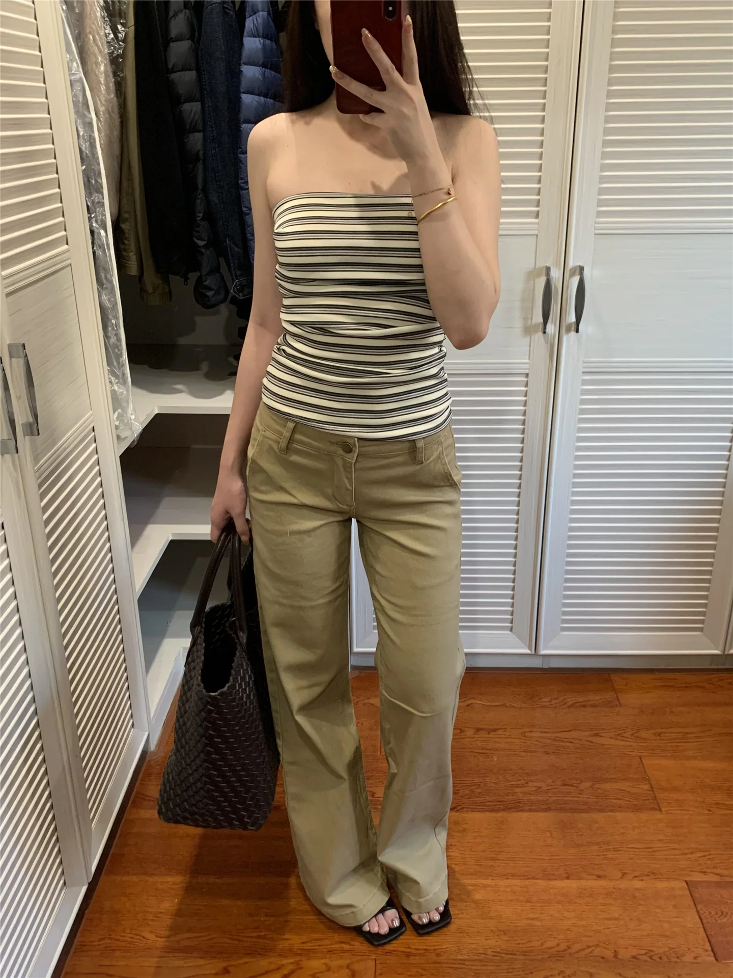 

Extended Length Khaki Slim Straight Jeans Low Waist Loose Drapey Wide Leg Pants for Tall Women Spring Season Casual Cotton
