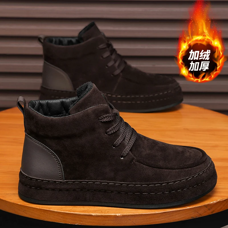

Мужские зимние ботинки, новинка 2025 года, зимние универсальные низкие кеды, толстые бархатные теплые нескользящие короткие ботинки на высокой подошве, хлопковая обувь