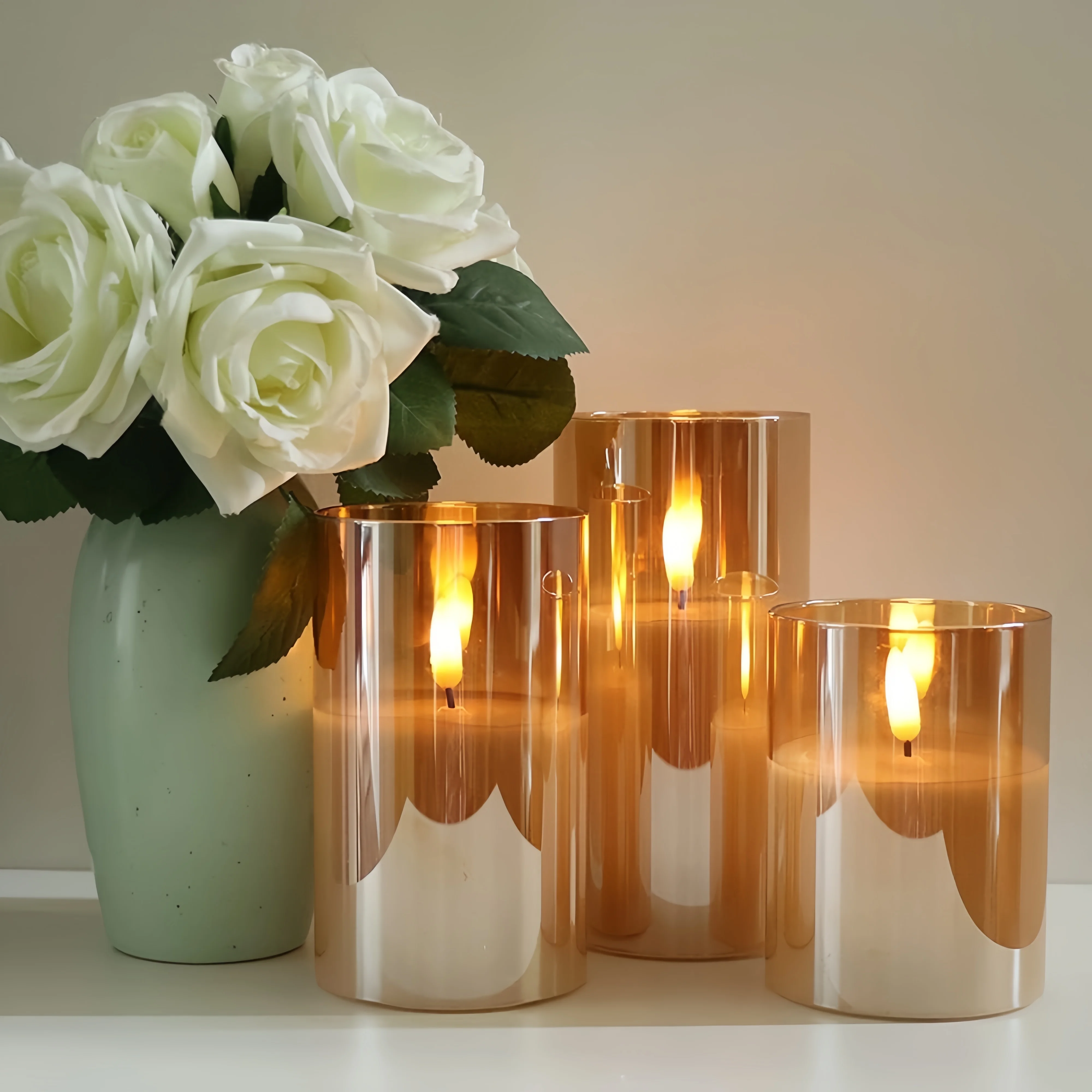 Set of 3 Flameless Rechargeable LED Candles Flickering Remote Control W/Charging Cable Ivory/Gold/Gray Glass Pillar Candle Lamp