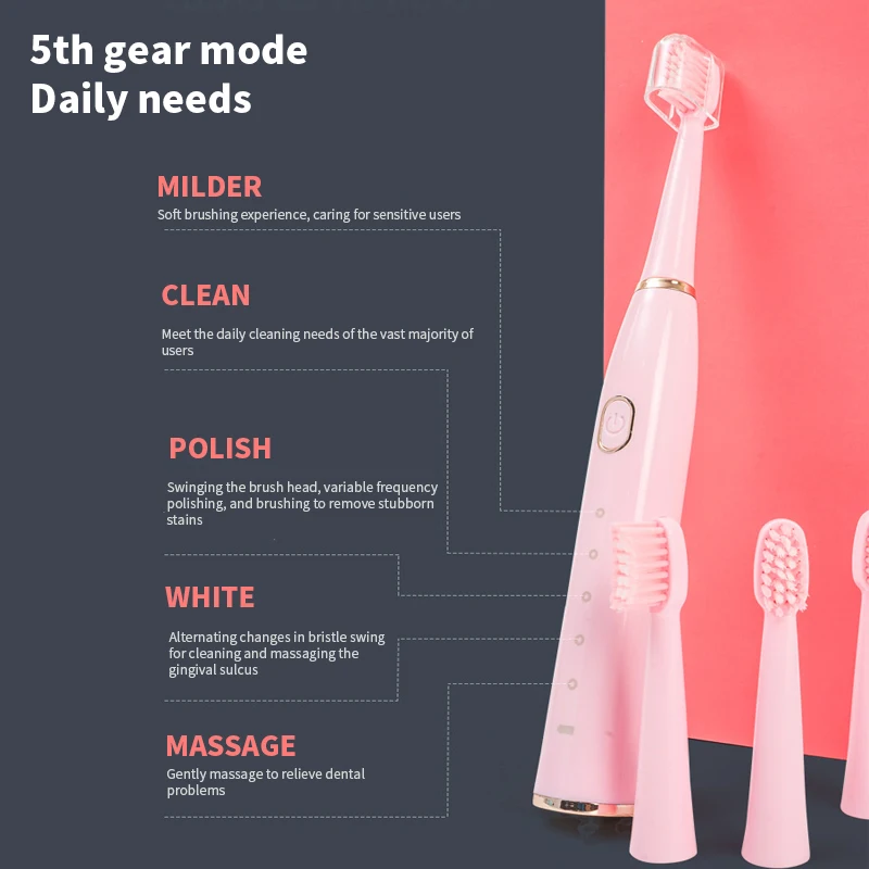 Rechargeable Electric Toothbrush for Adults Gentle Vibration 5 Gear Mode High Density Soft Bristles Fast Charging image 2