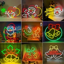 Christmas Bells Neon Sign Santa Claus Neon Light Deer Neon Wall Decor Dimmable Room Decoration Christmas Gift Party Lights USB