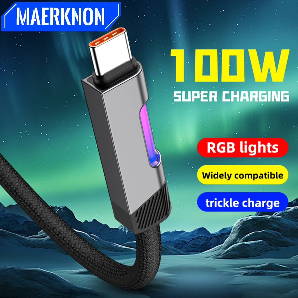 100W USB Type C Cable RGB Color Changing Fast Charging Charger Cable for Xiaomi Huawei Redmi OPPO OnePlus POCO Data Cable