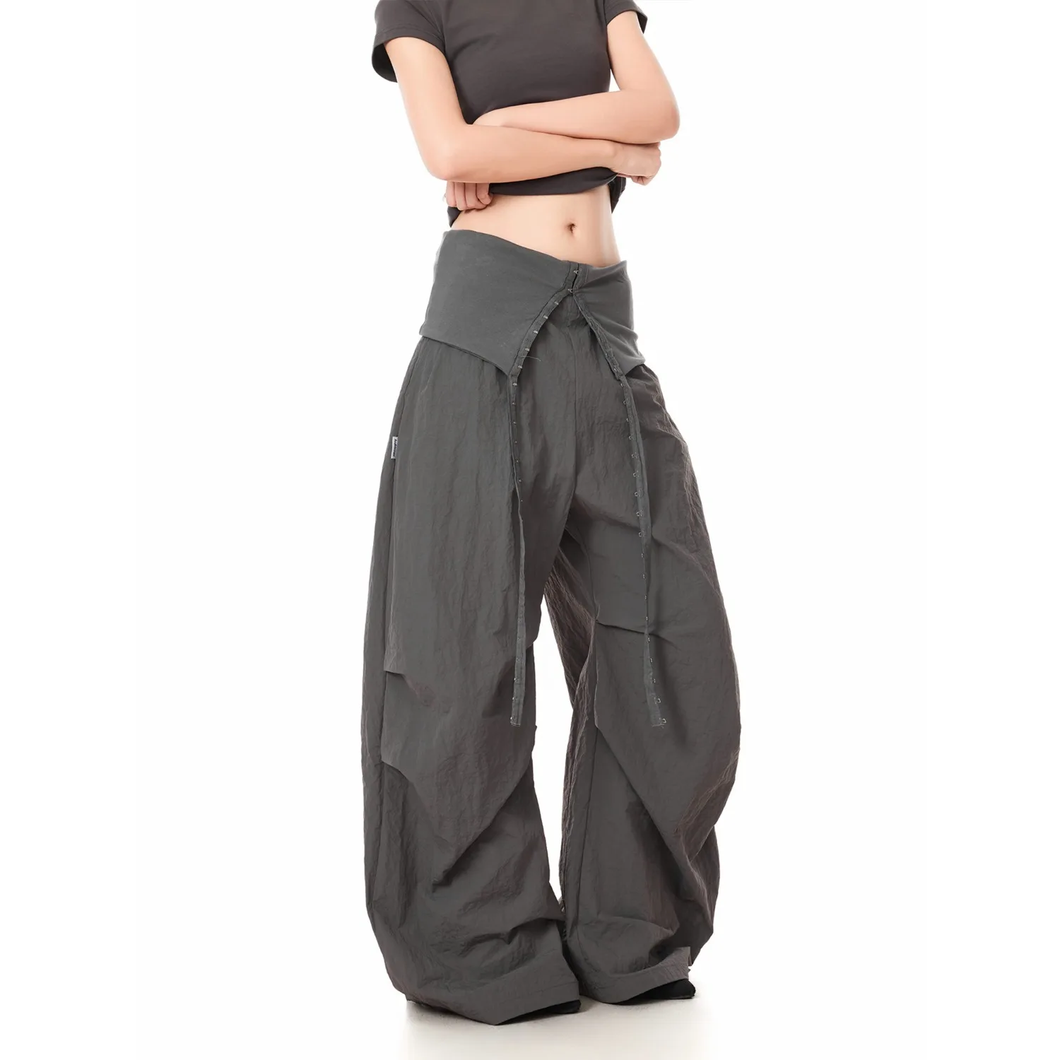 Women Wide Leg Pants 2025 Autumn New Retro High Waist Pants Embellished Foldover Low Rise Wide Leg Jazz Dance Casual Trousers