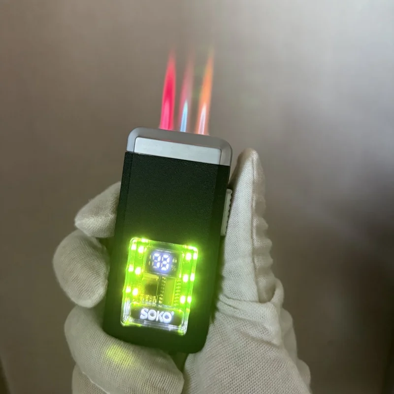 3 Color Windproof Flame Voice Controlled Ignition Butane Gas Lighter Digital Battery Display Visual Gas Window Electric Lighters